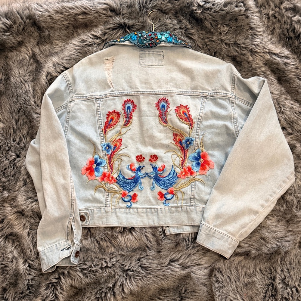 Custom Denim Jacket Design with Peacock Embroidered Back
